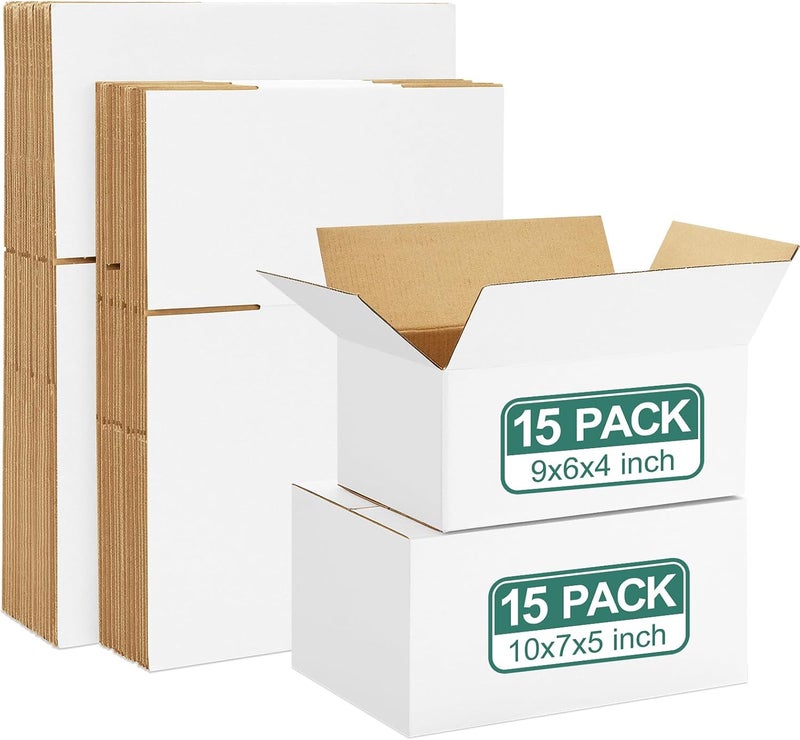 Eupako 30 Pack Small Shipping Boxes Assorted Sizes, 9x6x4 & 10x7x5, 15 PCS Each, White Corrugated Box Mailers, Cardboard Boxes for Packaging Small Business, Mailing - Image 1